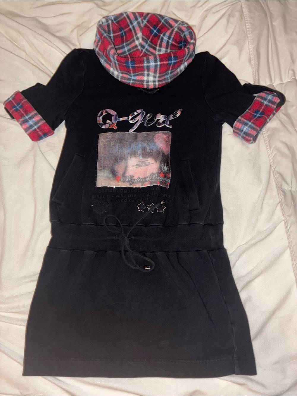 Black Hoodie Dress with Red Plaid Accents